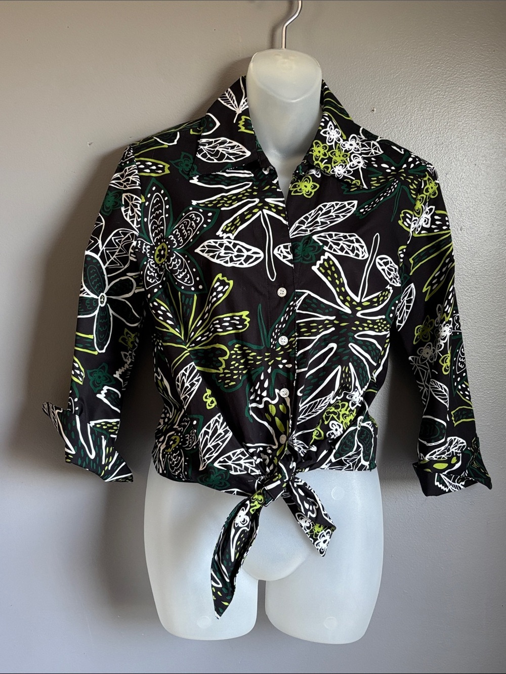 vintage Elliott Lauren black shirt w/ white & green floral print * sz 8 * NWT